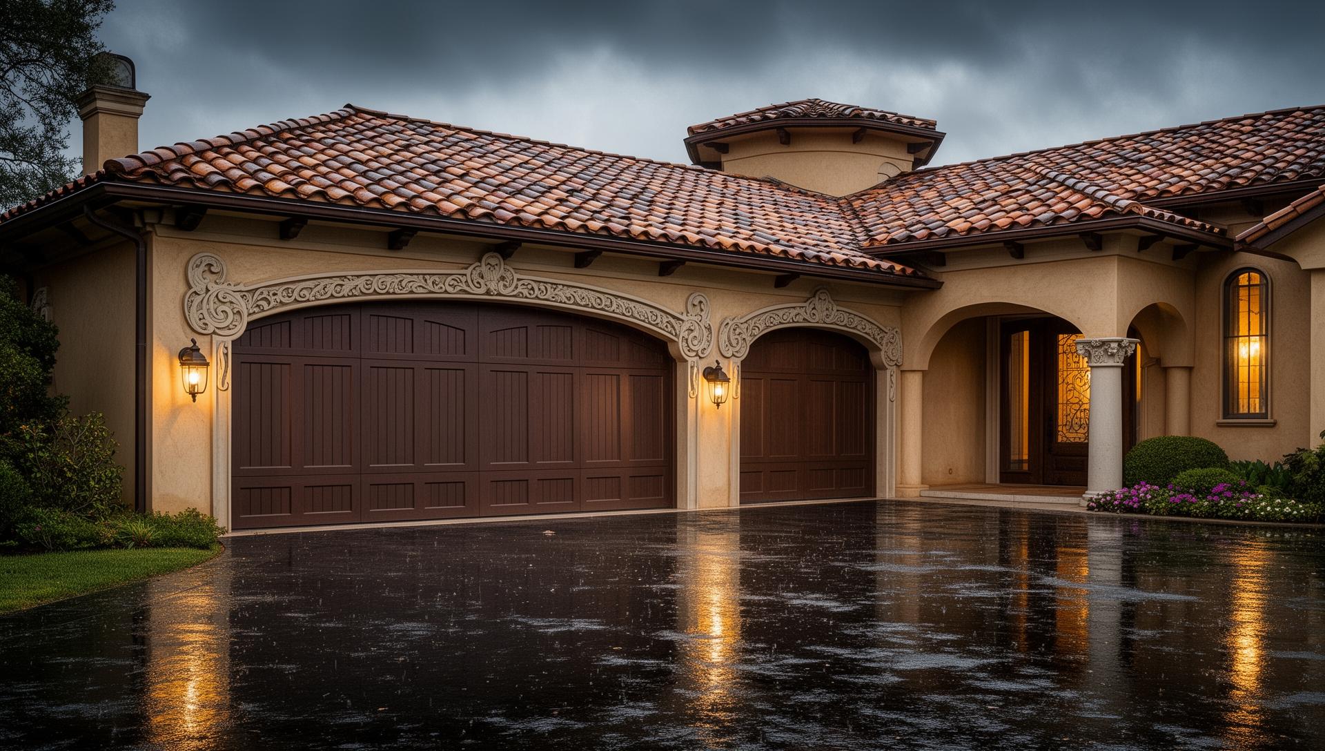 Luxury Mediterranean villa with Victorian style garage doors featuring ornate trim details