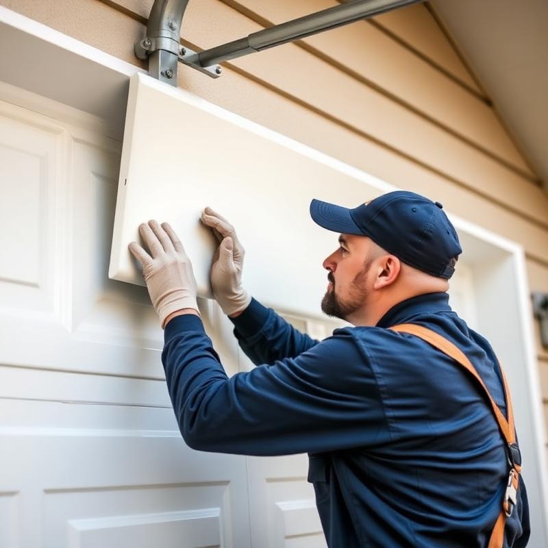 Professional garage door installer mounting a new panel